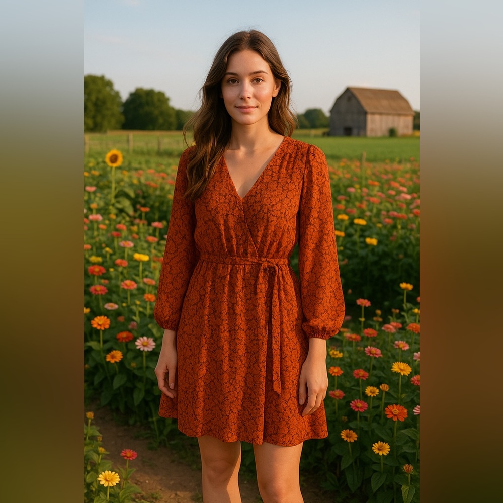 Stitch Fix Kaileigh Long Sleeve Standard Length Surplice Dress Sp Orange Floral